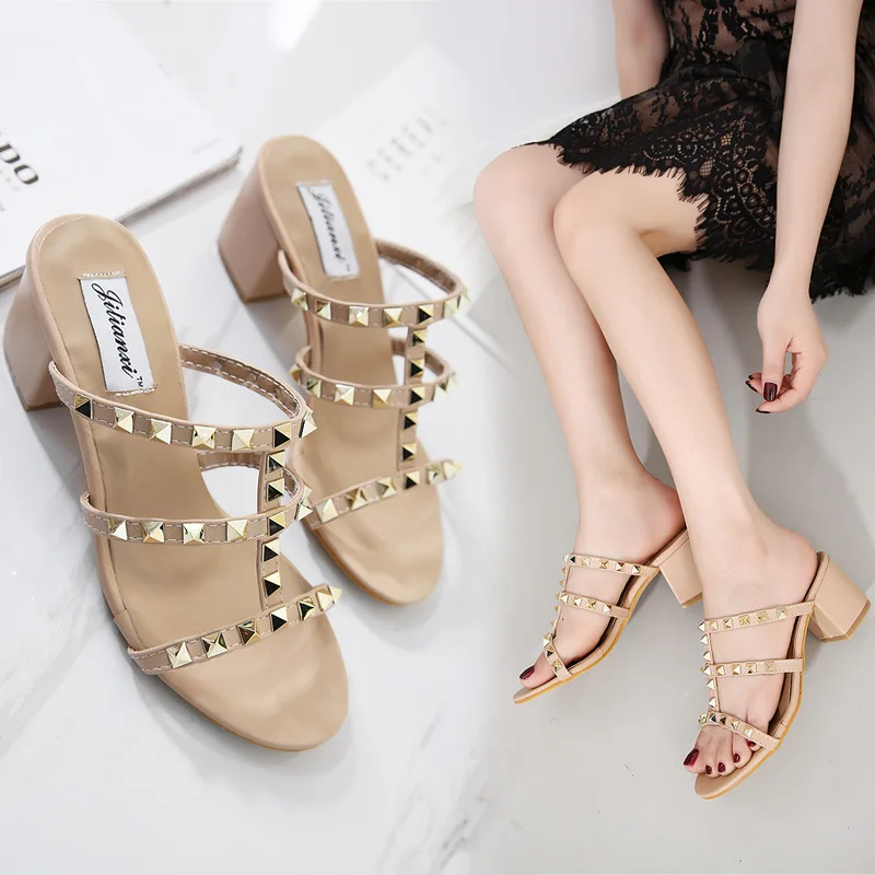 

Shopee AliExpress Lazada Semi-high Heeled Sandals Women's Summer Chunky High-Heel Peep-Toe Rivet Sandals