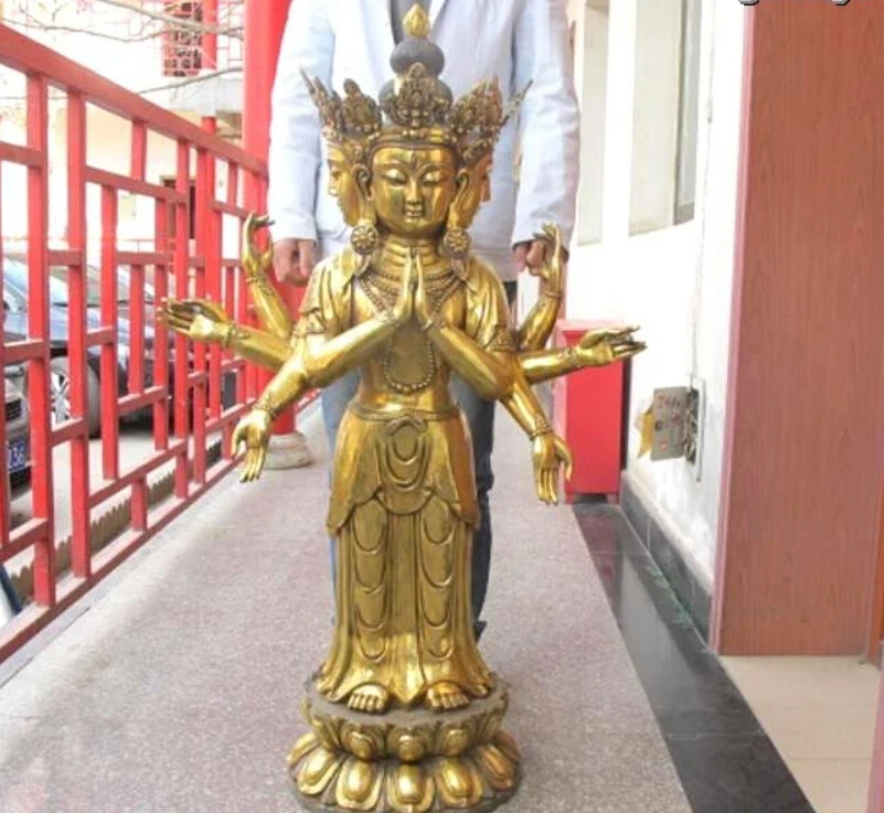 46&quotHuge Fane Bronze gild 7 EYE 3 head 8 Hand kwan-yin Bodhisattva Buddha statue | Дом и сад