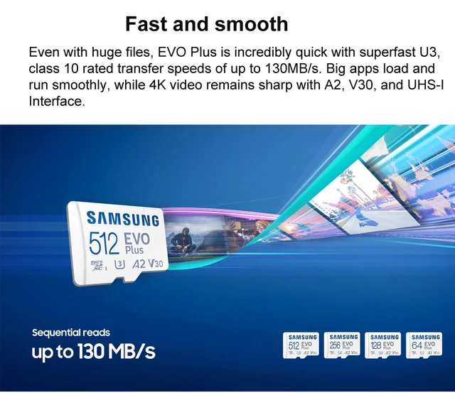 SAMSUNG EVO Plus Micro SD Card 128GB 256GB 512GB A2 V30 U3 Transfer 130MB/s Memory Card C10 U1 TF Card 64GB V10 A1 Memory Card 3