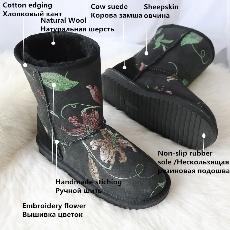 G& Zaco/Роскошные зимние сапоги из натуральной овечьей кожи; женские сапоги из овечьей шерсти; черные сапоги до середины голени на овечьем меху с вышивкой; зимняя обувь на плоской подошве