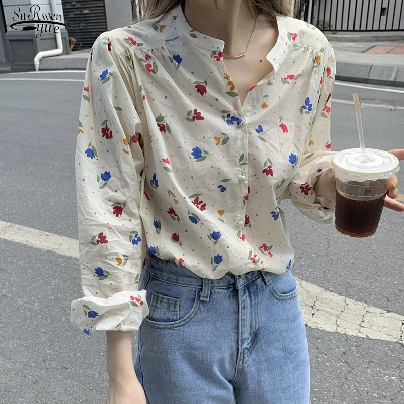 

2021 New Niche Korean Loose Chic Top Women's Summer Thin Long Sleeve Sunscreen Japanese Vintage Floral Cotton Shirt Blusas 15562