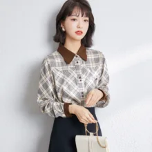 

2021 Spring Women Blouses Korean style Lace up collar Loose Plaid shirts Long sleeve female blusas Ladies tops