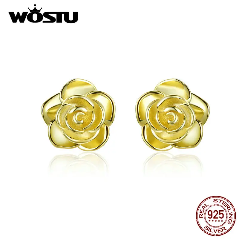 WOSTU золотые серьги-гвоздики в виде цветка розы 925 пробы серебряные маленькие серьги для женщин Свадебные серебряные 925 ювелирные изделия QE646
