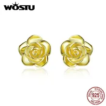 WOSTU золотые серьги-гвоздики в виде цветка розы 925 пробы серебряные маленькие серьги для женщин Свадебные серебряные 925 ювелирные изделия QE646