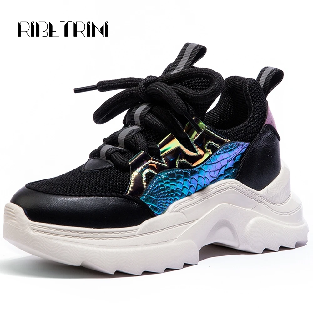 

RIBETRINI Genuine Leather Dad Shoes for Women 2019 Comfortable Thick Heels Platform Lace Up Spring Autumn Sneakers