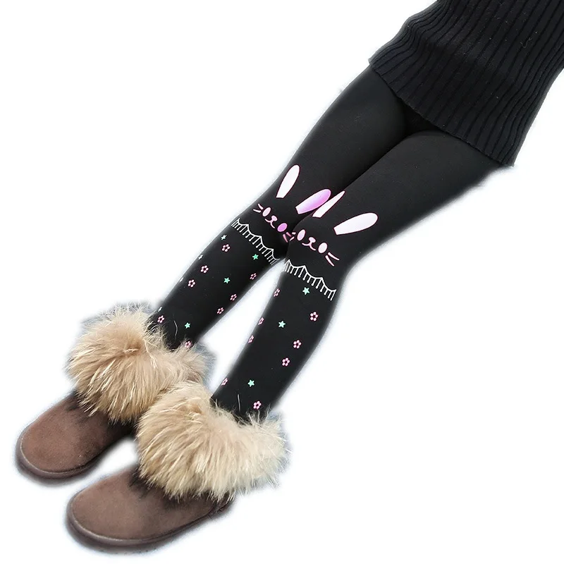 

New Winter Girls Warm Leggings Plus Velvet Cute Cartoon Rabbit Cat Pattern For Children Girls Skinny Leggins Thick Trousers