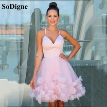 SoDigne – Mini robe de bal rose courte, Simple, bretelles Spaghetti, fleur faite à la main, sans manches, robe de bal formelle 