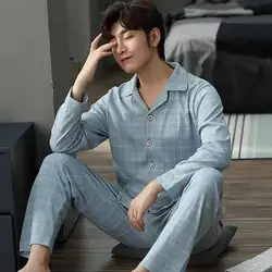 Men's Pajamas Set Pure Cotton Loose Plus Size Long-sleeved Trousers Dad Costume Moisture-Absorbing Breathable Plaid Exquisite