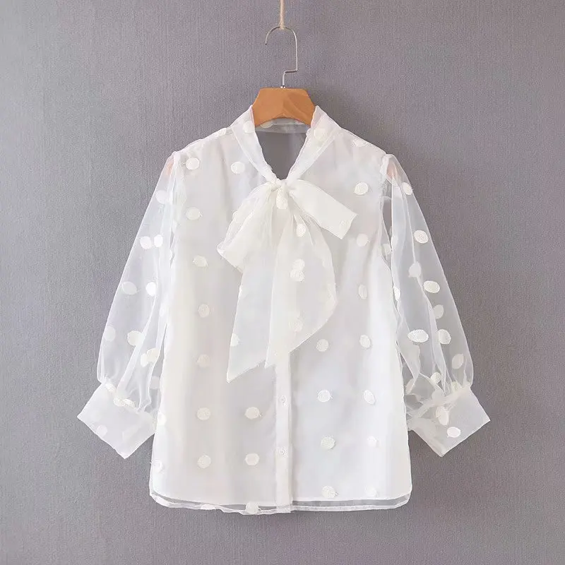Comprar Nueva blusa de organza informal con bordado de lunares con cuello alto elegante para mujer