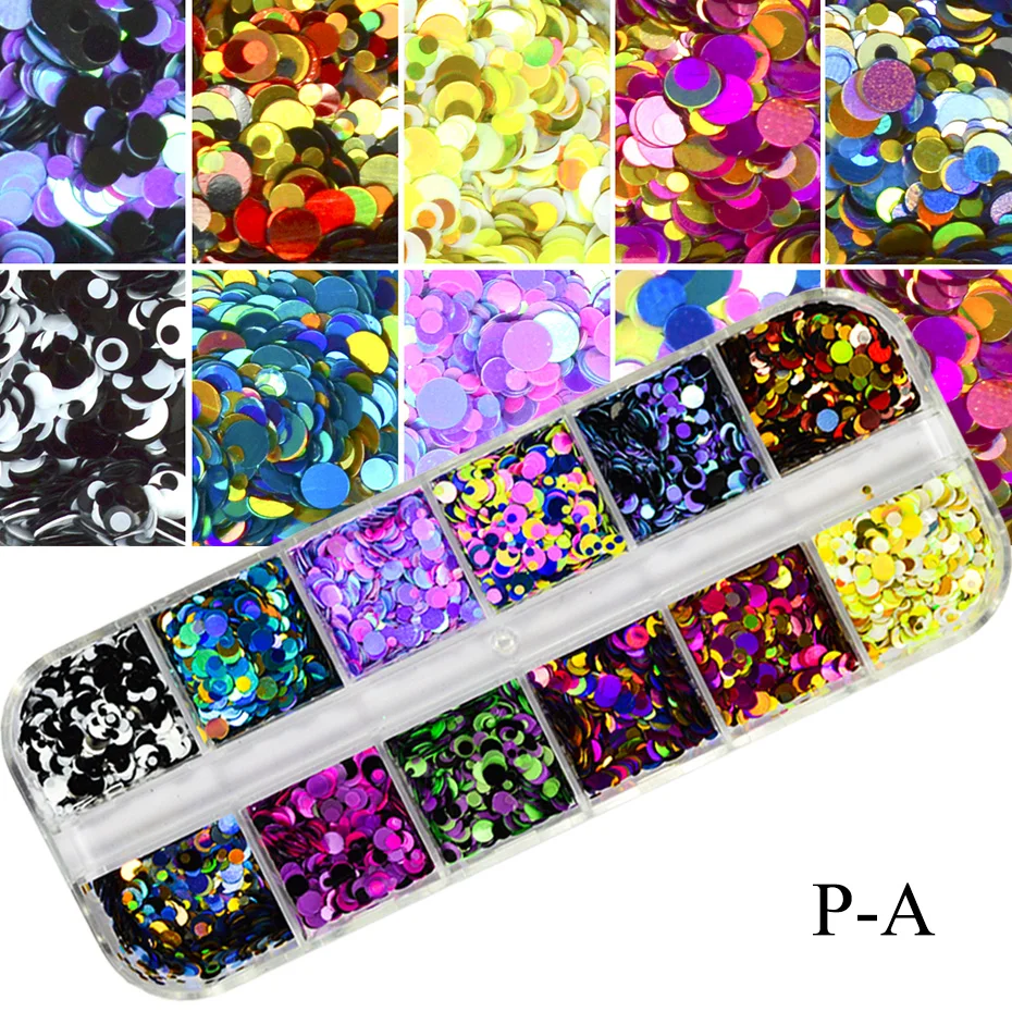 Nail Sequins Round Colorful Flakes Mixed Color 3D Fashion Paillette Glitter Manicure Nail Art Decoration Tool 1 Set 12 Grids nail glitter nail decoration nail decorations nail flakes