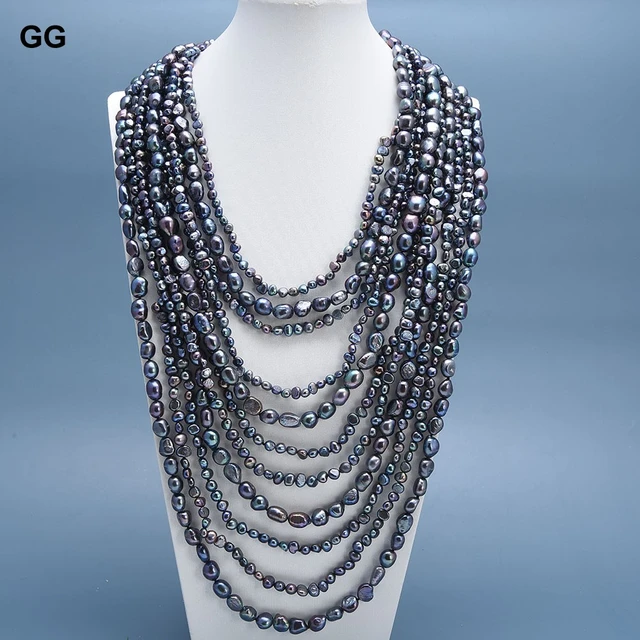 Narrow long rice Freshwater Pearl necklace designer multi strand silver  clasp | eBay