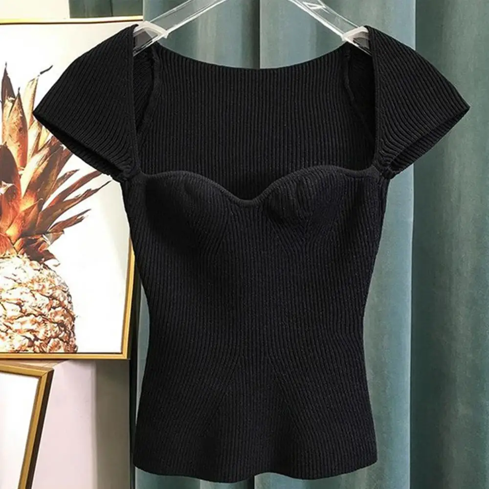 

Women Sweater Square Collar Short Sleeve Sexy Pullovers Women Sweaters Black White Casual All Match Knitting Tops 2020