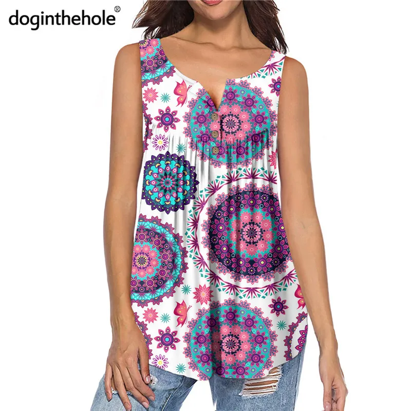 

Doginthehole Bohemian Mandala Floral Pattern Women's Sleeveless Tank Tops Fashion Pleated Henley Shirts Lady Large Size Blouse