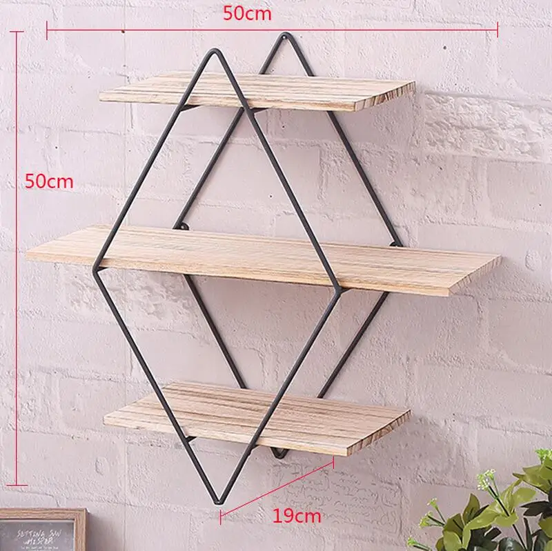 Metal and wood Ромб настенные металлические деревянные стеллажи для хранения подвесной Декор ящик для хранения цветочный горшок дом стеллаж для хранения настенная книга фигурки дисплей ремесла - Цвет: Metal and wood