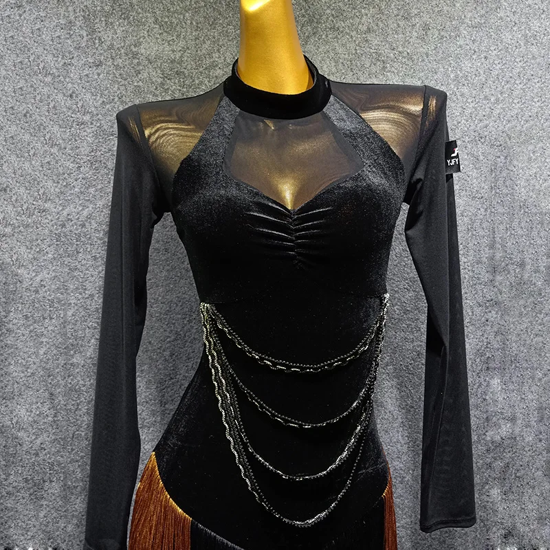 Latin Dance Dress Mesh Long Sleeved Dresses Latin Fringed Skirt Salsa Rumba Cha Cha Samba Tango Competition Performance