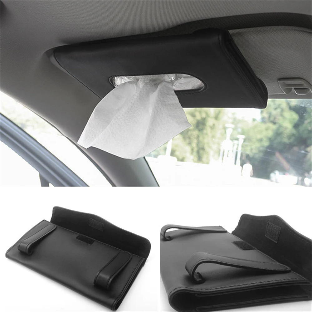 Universal Car Black Beige Pu Leather Tissue Box Napkin Holder Sun Visor