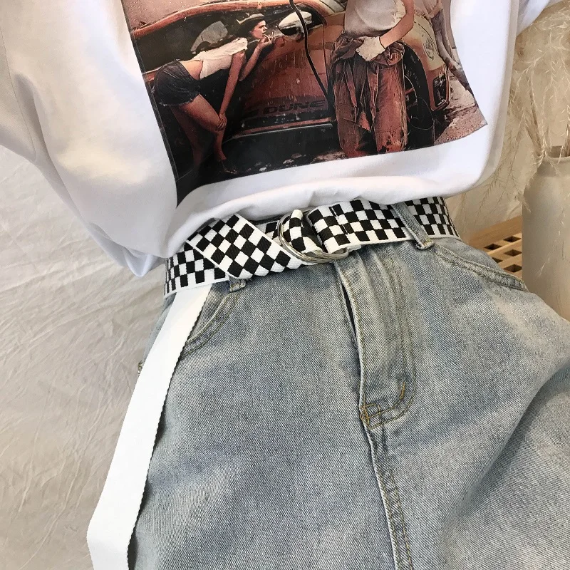 Корейский Ulzzang женский клетчатый классический модный ремень из парусины для колледжа Пара хип хоп веселое Harajuku женский шикарный BF ремни с двойной пряжкой