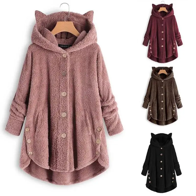 Best Solid Color Buttons Loose Long Coat Soft Cute Cat Ears Hooded Outwear Scope of Application Work Par