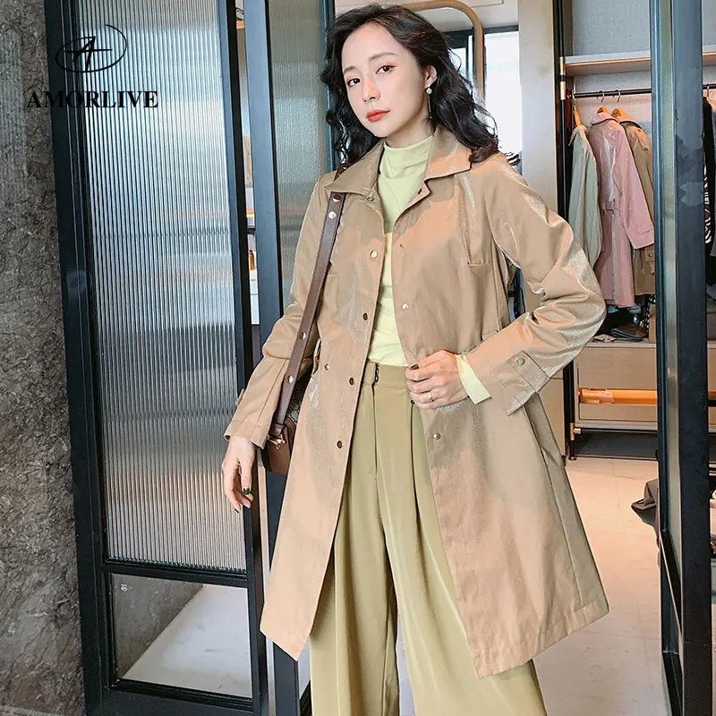 AMOR LIVE Magic Color Bright Silk Cotton Trench Coat With Belt Waterproof Windproof Drawstring Waist Long Female Windbreaker