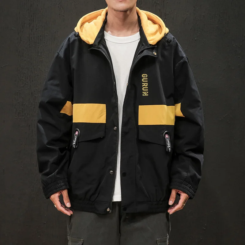 

2020 autumn new Thick tooling jacket men's Korean version trend handsome Hong style popular windbreaker chaqueta Black Yellow