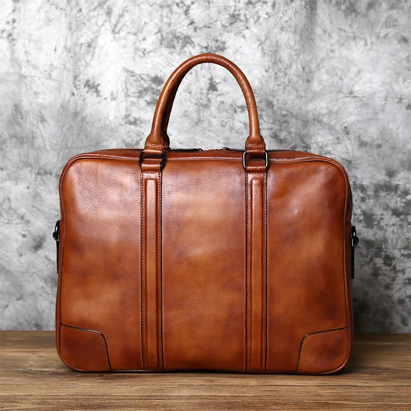 NZPJ Retro Handmade Leather Men's Handbag Top Layer Cowhide Briefcase Vegetable Tanned Leather Horizontal Business Computer Bag