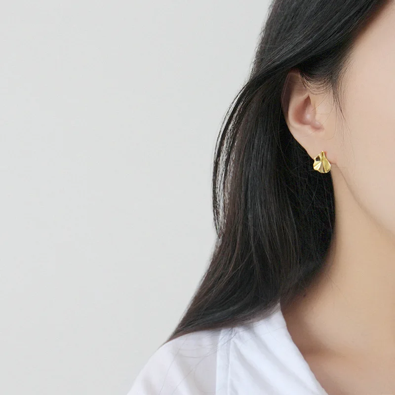 Gold Color 925 Sterling Silver Irregular Concave-convex Leaf Style Small Stud Earrings for Women Sterling Silver Jewelry