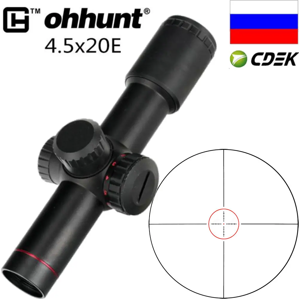 ohhunt 4.5x20E Compact Hunting Rifle Scope Red Illuminated Glass Etched Reticle Riflescope With Flip-open Lens Caps and Rings