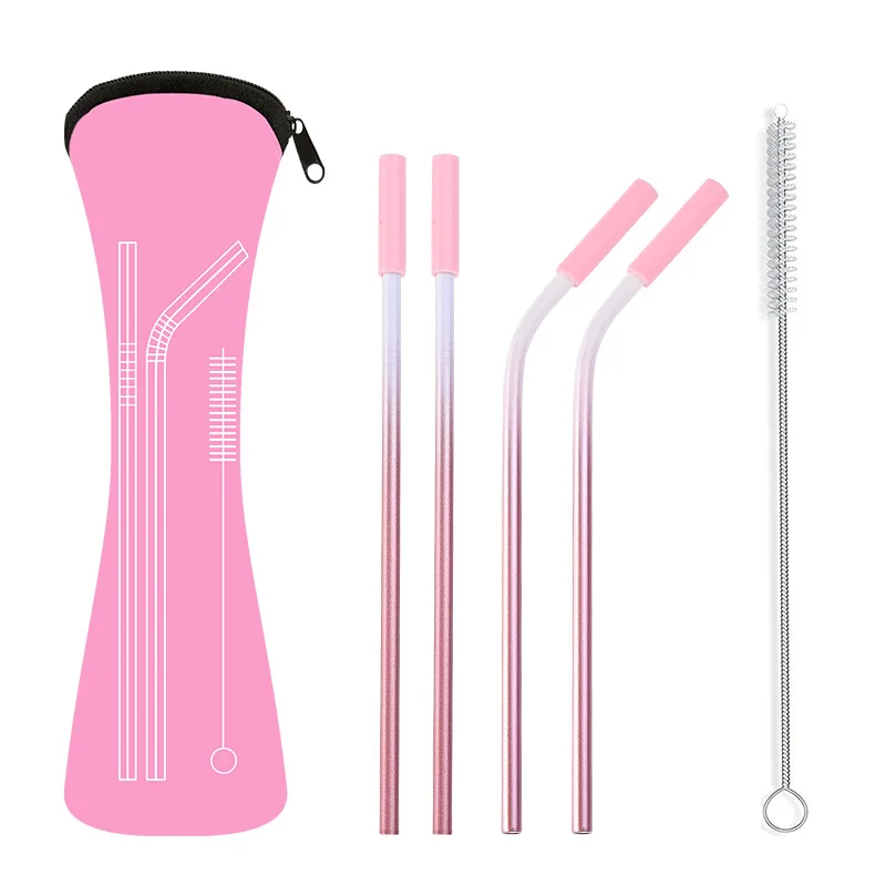 Pink set Многоразовые соломинки из нержавеющей стали прямые согнутые питьевые соломинки с силиконовыми наконечниками для горячих холодных напитков Питьевая соломинка - Цвет: Pink set