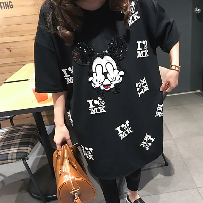 XL-5XL, подиумная футболка, платье, sequines, футболка, повседневная, с мультяшным принтом, женская футболка, топы, большие размеры, Черная Футболка, большой размер