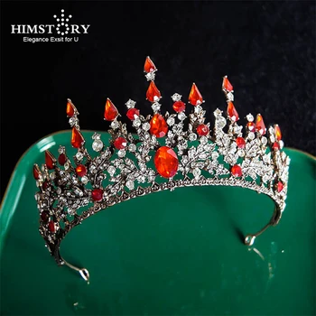 

Himstory Retro Baroque Red Crystal Rhinestone Crown Tiaras de Noiva Head Jewelry Flower Headpiece Women Wedding Hair Accessories