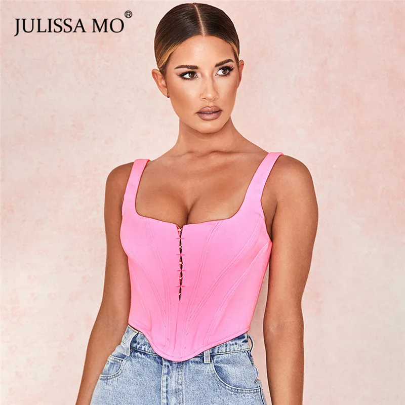 Розовый Julissa mo Розовый без бретелек сексуальная майка женская мода скрытый брезент корсет жилет Обрезанные майки топы Летняя Открытая спина футболка с бретелями - Цвет: Розовый