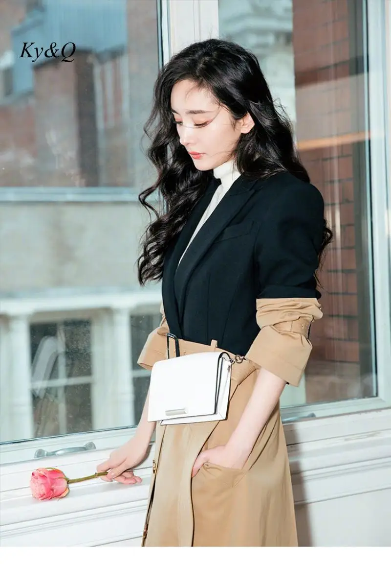 Runway Brand Winter Luxury Stitching Khaki Patchwork Long Section Windbreaker Jacket Women Jacket Sashes Elegant Outwear