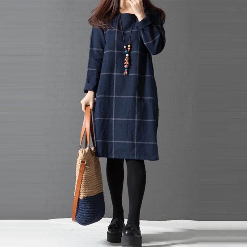 

2019 Spring New Style Literature And Art Large Size Dress Loose-Fit Korean-style Long Sleeve Plaid Cotton Linen Dress Women's