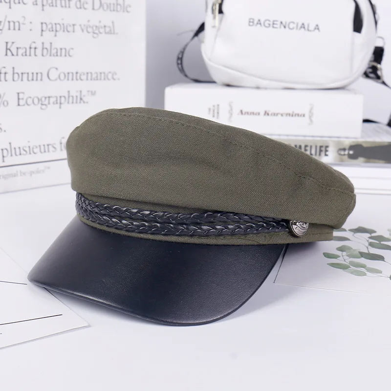 Берет Модные женские повседневные береты из искусственной кожи в стиле пэчворк осенне-зимние теплые уличные солнцезащитные очки ретро восьмиугольная гладкая шляпа - Цвет: Army Green