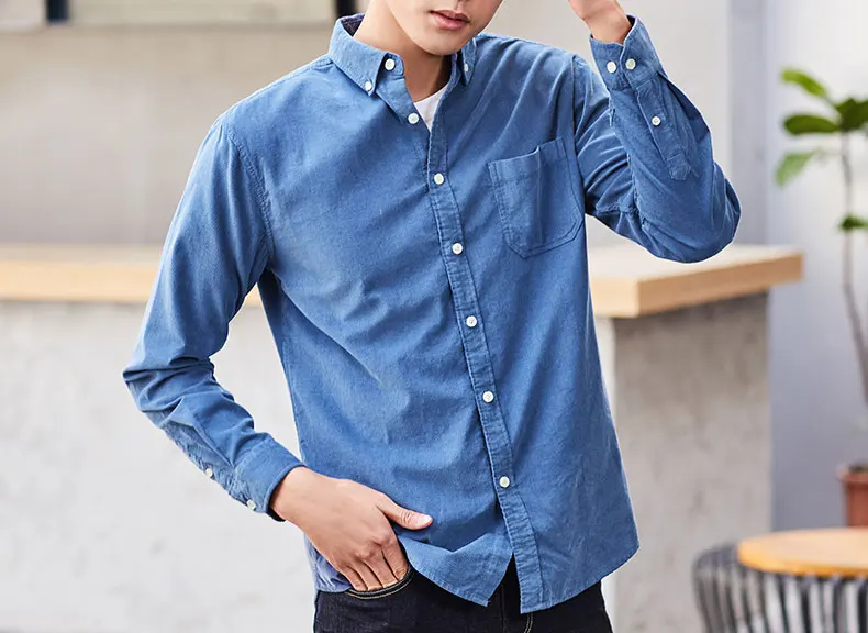 Men's Cotton Casual Shirt Long Sleeve Slim Fit Button-Down Neck Autumn Spring Soft Social Leisure Corduroy Shirt