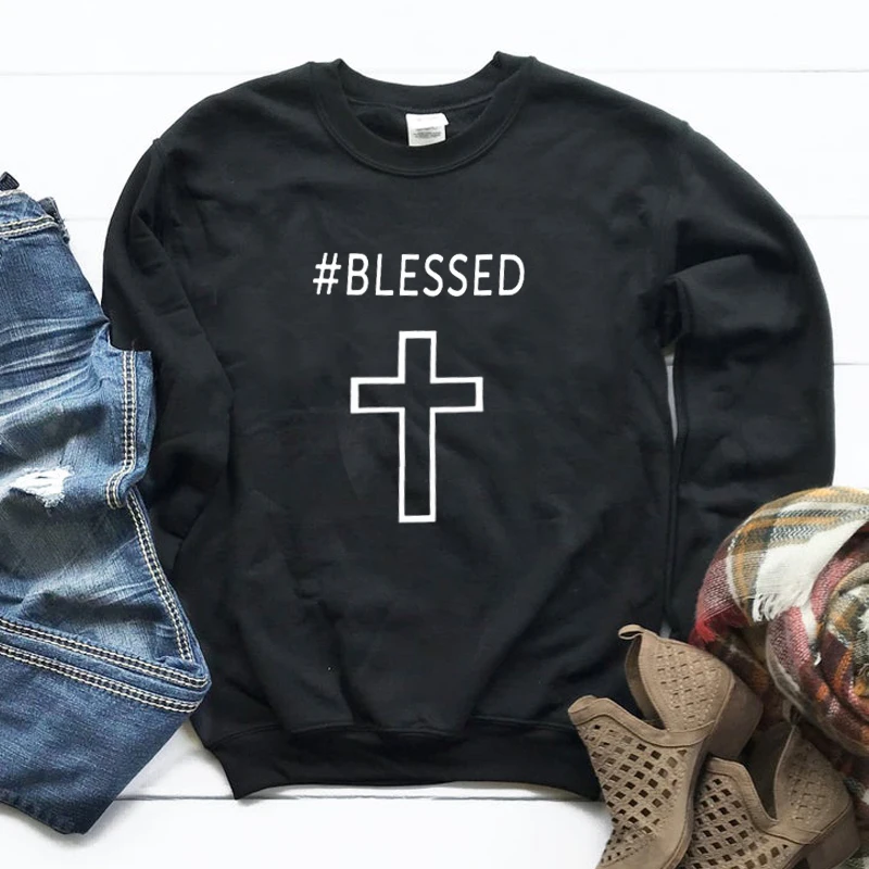 Blessed Christian Sweatshirt Women Letter Print Jesus Cross Pullover Casual God Thankful Grateful Jumpers Girl Outfits Drop Ship | Женская