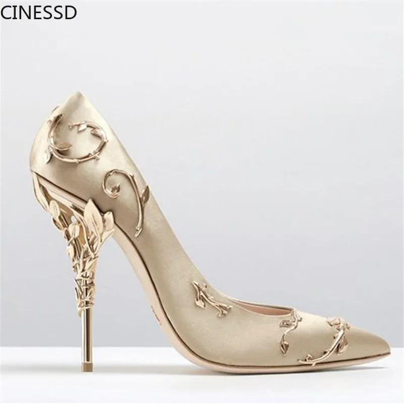 

Luxury Brand Women Pumps Pointed Toe Flower Heel Shoes Women Elegant Silk Brand Design High Heels Ladies Pumps