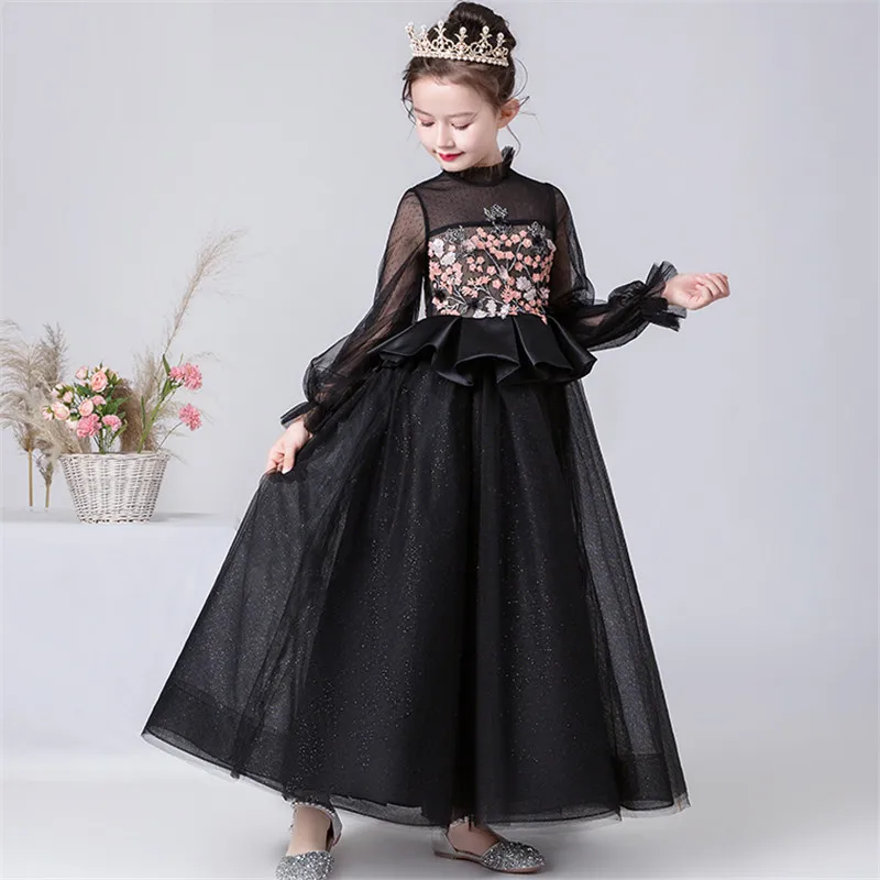 black long dress Новинка года; роскошное детское платье принцессы с длинными рукавами для девочек; платье для подиума; вечернее платье для вечеринок Детские костюмы для подростков; платье - Цвет: black long dress
