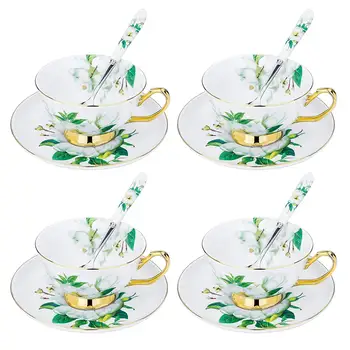 

ARTVIGOR Camellia Printed Coffee Cup Set New Bone China Tea Cup&Saucer Gift Sets with Spoons Service for 4person