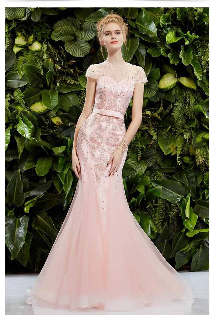 Vestido de festa longo Горячее предложение, сексуальные вечерние платья с бисером и коротким рукавом, розовое длинное вечернее платье русалки для выпускного вечера, платья для матери невесты