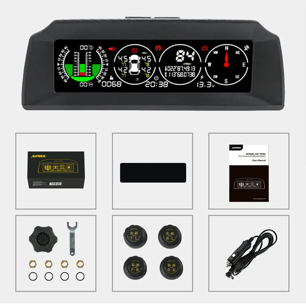 AUTOOL X91 3in1 HUD GPS Speedometer Slope Meter TPMS for All Vehicle Speed  Inclinometer Car Compass Pitch Tilt Angle Protractor