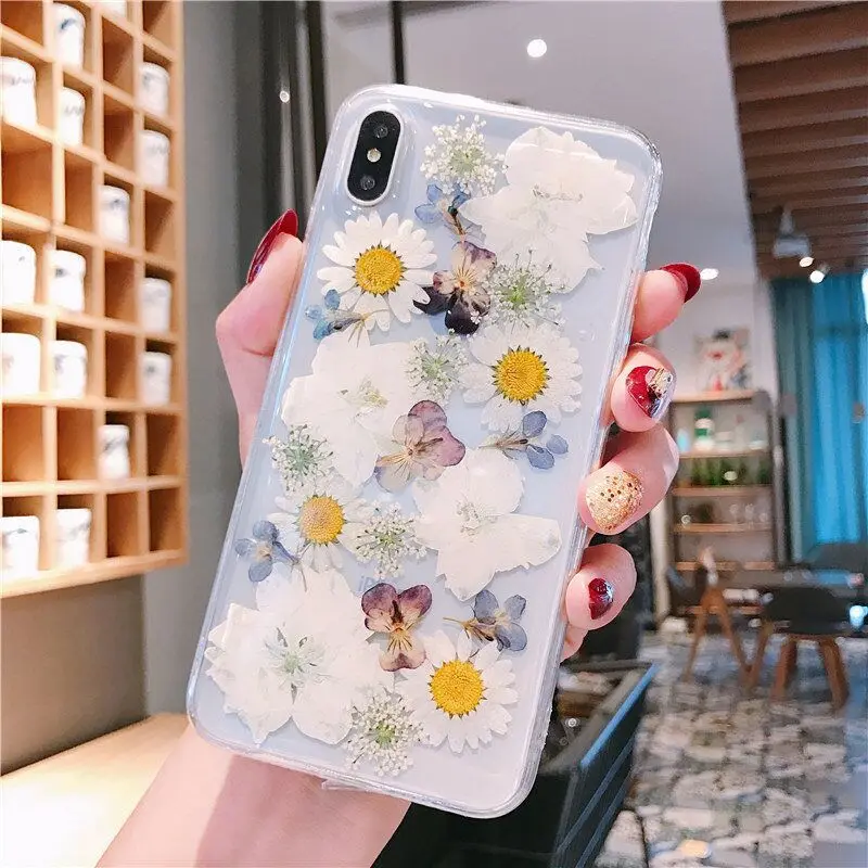 F Для iPhone X XS Max XR 6 6S 7 8 Plus XR натуральные высушенные цветок ромашка Чехлы ручной работы симпатичный чехол Ins Мода с подарком - Цвет: F