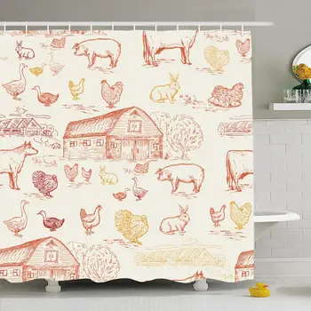 

Shower Curtain Set with Hooks 66x72 Turkey Farm Animals Chicken Pattern Cows Geese Wildlife Parks Harvest Pig Outdoor Eggs Eco