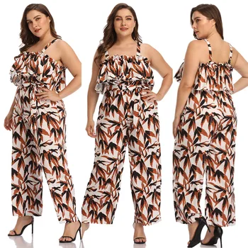 

Plus size women's clothing autumn and winter fat ladies plus size printing sling sleeveless tie waist jumpsuit