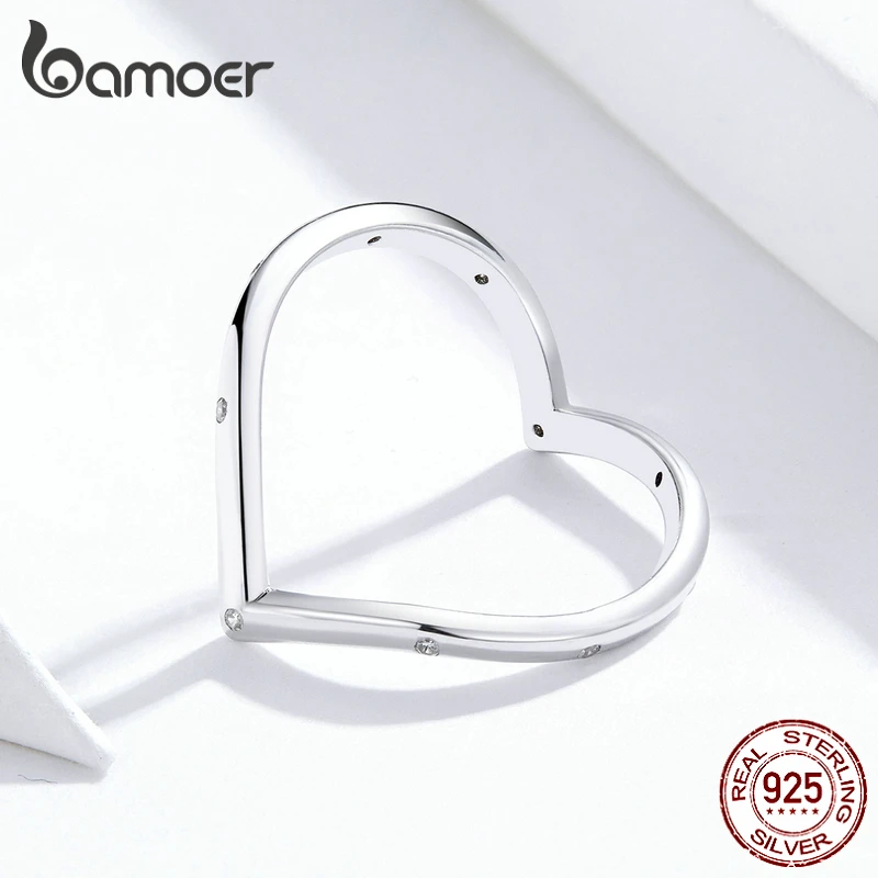 Bamoer, подлинное 925 пробы Серебряное кольцо на палец в форме сердца для женщин, минималистичное простое кольцо для свадьбы, помолвки, ювелирные изделия SCR622