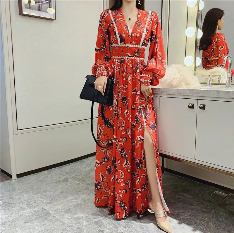 Женское Макси-платье, винтажное, Vestidos, Осеннее, женское, новое, с v-образным вырезом, с красным принтом, с жемчужинами, с разрезом, с длинным рукавом, Пляжное, длинное платье