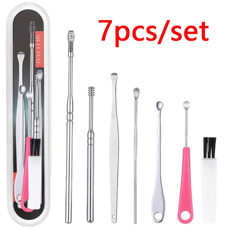 Aço inoxidável Ear Wax Pickers Set, espiral Earpick, removedor de cera, cureta Ear Pick, Cleaner Spoon, Ear Clean Tool, 7, 6 Pcs