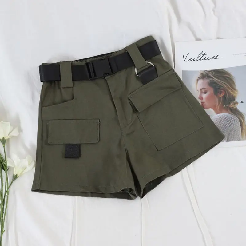 Women Summer High Waist Mini Cargo Shorts Quick Release Buckle Belt Casual Wide Leg Loose Shorts With Pockets Hip Hop Streetwear