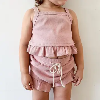 

Newborn Infant Baby Girls Boys Clothes Sets 6 Colors Solid Ruffles Sleeveless Vest Tops+Shorts 2pcs Outfits