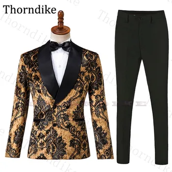 

Thorndike Black Shawl Lapel Men Suit 2020 Velvet Print Gentlemen Wedding Suit 2 Pieces Set Stage Party Suit Elegant Groom Tuxedo